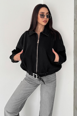 Blanco Kadın Kemer Detaylı Kot Ceket Oversize Fermuarlı Denim Ceket Siyah Siyah