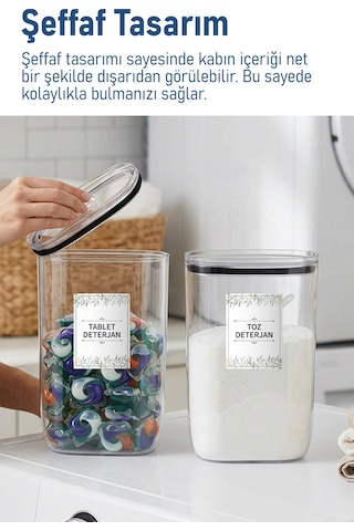 İronika Etiket Hediyeli Sızdırmaz Kapaklı Tablet Toz Deterjan Saklama Kabı 2100 Ml 2 Adet Şeffaf