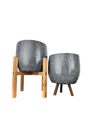 Bitki Tasarımı Ev Dekorasyon Aksesuar Gri Granit Toprak Saksı Saksılık Salon Çiçeklik İkili Set 3 Ayaklı- 4 Ayaklı- 19 CM