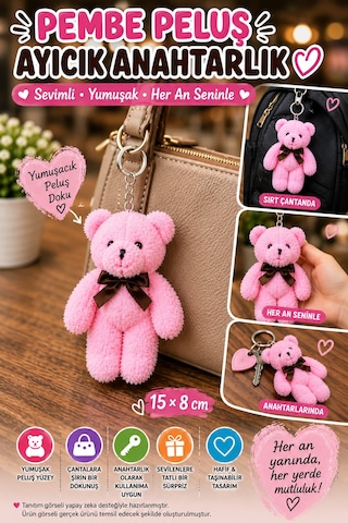 1 Adet Pembe Peluş Ayıcık Anahtarlık 15x8 Cm Çanta Sırt Çantası Anahtar Aksesuarı Sevimli Fiyonklu