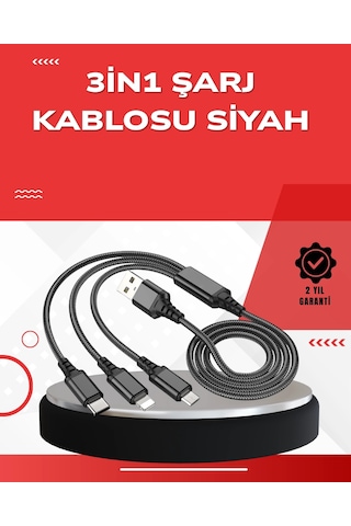 Dayanıklı Metal Başlıklı 3 Ü 1 Arada Şarj Kablosu - Tüm Cihazlarla Uyumlu