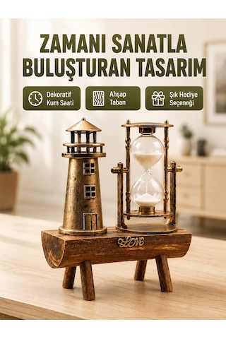 Vintage Kum Saati + Deniz Feneri Modeli Ahşap Gövdeli Masa Üstü Dekor Yeni Nesil Renkli 05621735