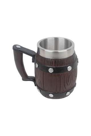 Paslanmaz Çelik İç Hazneli Viking Bira Kupası Ahşap Görünümlü Kulplu Fıçı Tasarım 600 Ml Çok Renkli