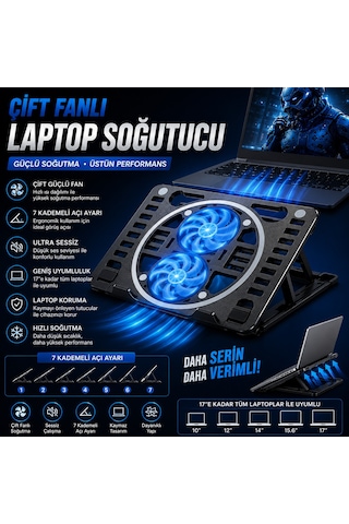 Çift Fanlı Turbo Notebook Soğutucu 2 Fanlı Yükseklik Ayarlı Soğutuculu Stand Yükseltici