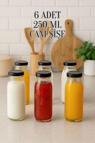 6 Adet 250 Ml Beslenme Şeffaf Meyve Suyu, Meşrubat, Limonata Şişesi Metal Kapaklı 250 Cc Şişe Siyah