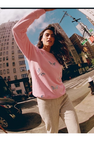 Onloox Kadın Şeker Pembe Şeker Pembe Pamuklu Bisiklet Yaka Relaxed Yusufcuk Taş İşlemeli Sweatshirt T-shirt