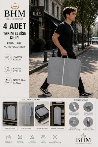 4'lü Takım Elbise Kılıfı 60x100 Cm Çift Fermuarlı Gamboç Elbise Kılıfı Kıyafet Koruyucu Toz Geçirmez Dolap Düzenleyici Gri