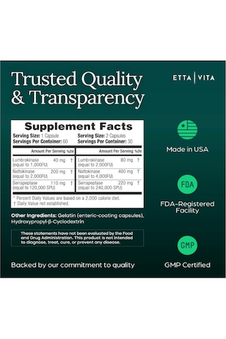 Etta Vita Fibrinolytic Ase Enzymes 60 Kapsül Orijinal Usa Menşeii Dmmedicineden