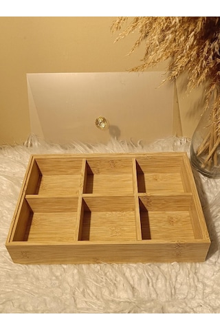 Ahşap Bambu 6 Bölmeli Kapaklı Poşet Sallama Bitki Çayı Saklama Kutusu Kabı Bambu