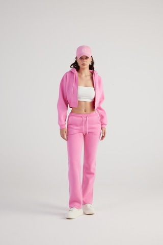 Holly Lolly Kadın Pembe Yüksek Bel Straight Kesim Şardonlu Mixed Eşofman Altı