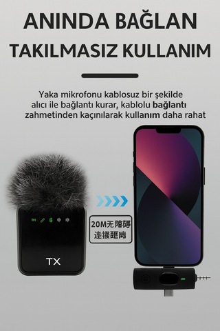Kablosuz Tüylü Yaka Mikrofonu F11 Model 3'ü 1 Arada Type-c İos 3.5mm Uyumlu Tekli Set Tak Çalıştır Siyah Siyah