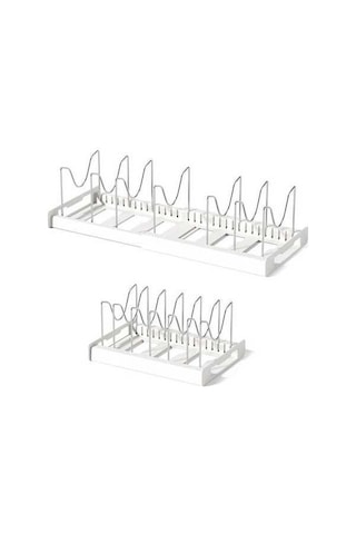 Flybuy Geri Çekilebilir Mutfak Rafı - Beyaz, Tencere Kapağı Depolama Standı, U Şekilli Yuvalar, Hıps + Paslanmaz Çelik, Kolay Kurulum Beyaz