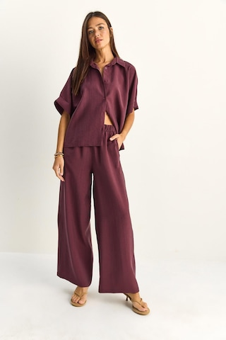 Shade Kadın Oversize Kısa Kol Gömlek Beli Lastikli Geniş Paça Pantolon Takım 7651 60286138 - Mürdüm