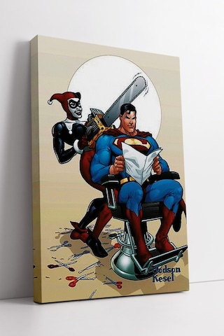 Superman Ve Harley Quinn Mizahi Çizgi Roman Sahnesi Eğlenceli Renkli Tasarım Kanvas Duvar Tablosu