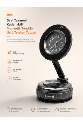 Nvg Saat Tasarımlı Katlanabilir Manyetik Torpido Üstü Telefon Tutucu 360 Dönebilen Araç İçi Telefon Standı Siyah
