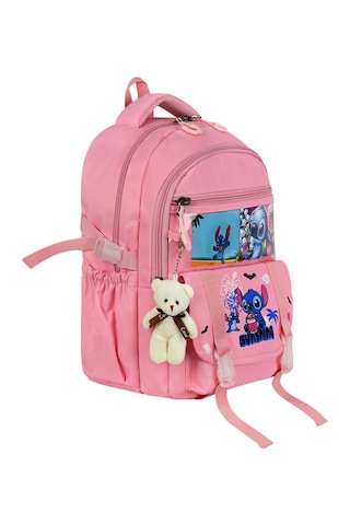 Stitch Baskılı Ortopedik Aksesuarlı Anahtarlıklı Okul Çantası Termal Beslenme Ve Kalemlikli Set Pembe