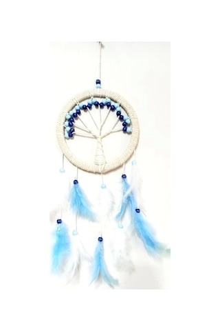 Mavi Beyaz Kuş Tüylü Hayat Ağacı Düş Kapanı Duvar Süsü