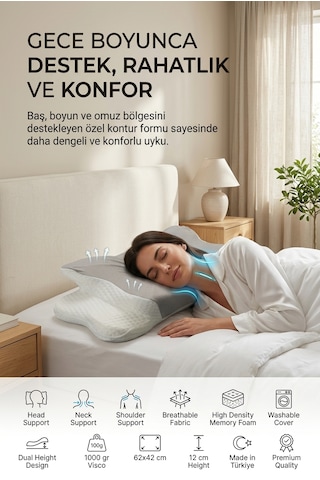 Ergonomik Visco Memory Foam Boyun Destek Yastığı 62x42 Cm Çift Yükseklikli Premium Uyku Yastığı Açık Gri