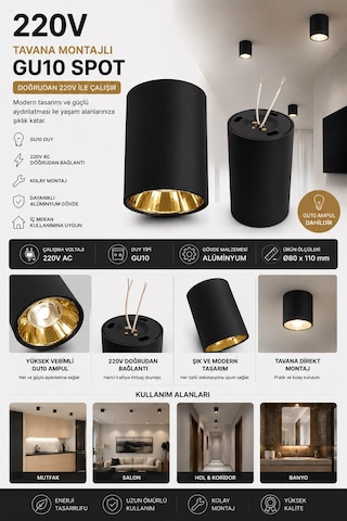Siyah Gold Metal Gu10 Spot Armatür 4000k Gün Işığı - Ampul Dahil Siyah - Gold