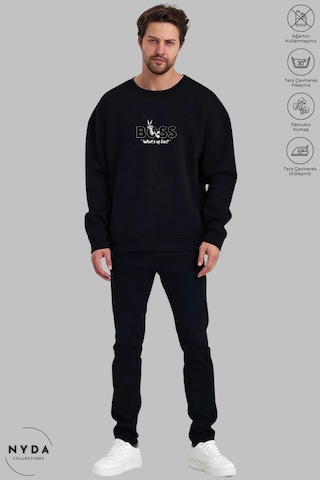 Unisex Bugs Bunny Baskılı Bisiklet Yaka Kapüşonsuz Şardonlu Oversize %100 Pamuk Penye Sweatshirt Siyah