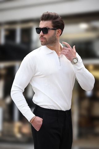 Madmext Beyaz Polo Yaka Fermuarlı Örme Kazak 7242 Beyaz