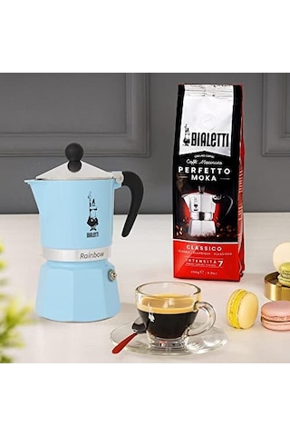 - Rainbow: 3 Cups Ocak Üstü Espresso Pişirici - 130ml - Açık Mavi Renk - Alüminyum Gövde - Patentli Güvenlik Valfi - Tüm Ocak Türleri İçin Uygundur İndüksiyon Hariç
