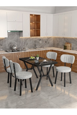 Azra 70x110cm Bendir Mutfak Masası, Mutfak Masası Takımı, Yemek Masası, 4 Açık Gri Sandalye Açık Gri
