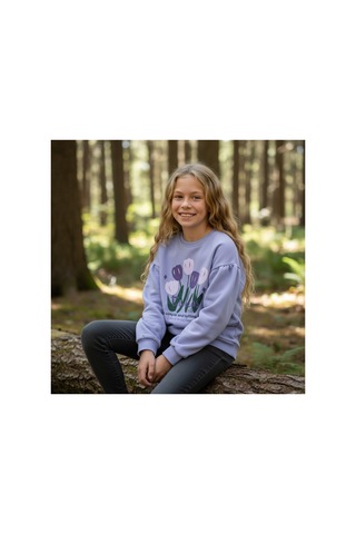 Fesshera Kids Kız Çocuk Sweatshirt Balon Kol Baskılı Oversize Pamuklu Sweatshirt / Geniş Kalıp Uzun Kollu Tişört Mor