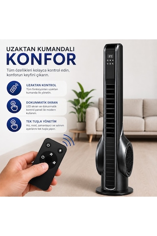 Turbo Akıllı Fan 70w Uzaktan Kumandalı Kule Vantilatör, Aromaterapi Özellikli, Dokunmatik Led Ekranlı, 3 Hız Kademeli, 3 Modlu, 12 Saat Zamanlayıcılı, Sessiz Çalışma, Salınımlı Fan