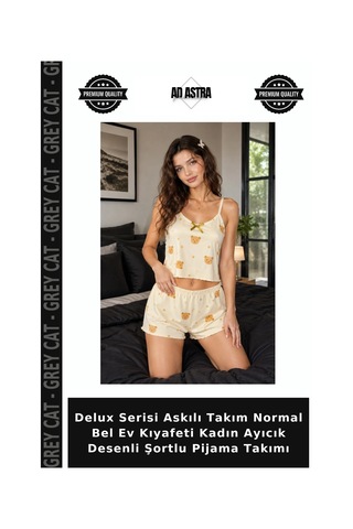 Grey Cat Delux Serisi Askılı Takım Normal Bel Ev Kıyafeti Kadın Ayıcık Desenli Şortlu Pijama Takımı sarı
