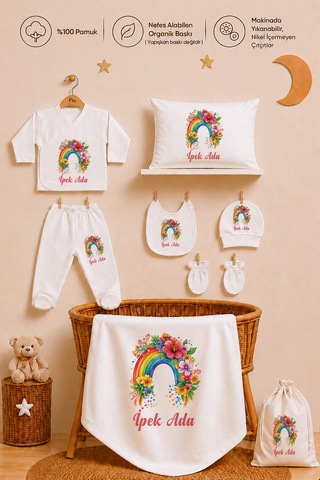 Pia Baby Kız Bebek Hastane Çıkışı 12 Parça %100 Pamuk İsme Özel Organik Baskılı Kese Hediyeli 100511k3x Ekru
