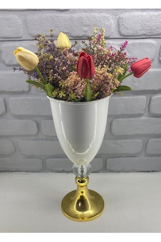 Modern Dekoratif Gold Yüksek Ayaklı Kristal Taşlı Beyaz Vazo Altın - Beyaz