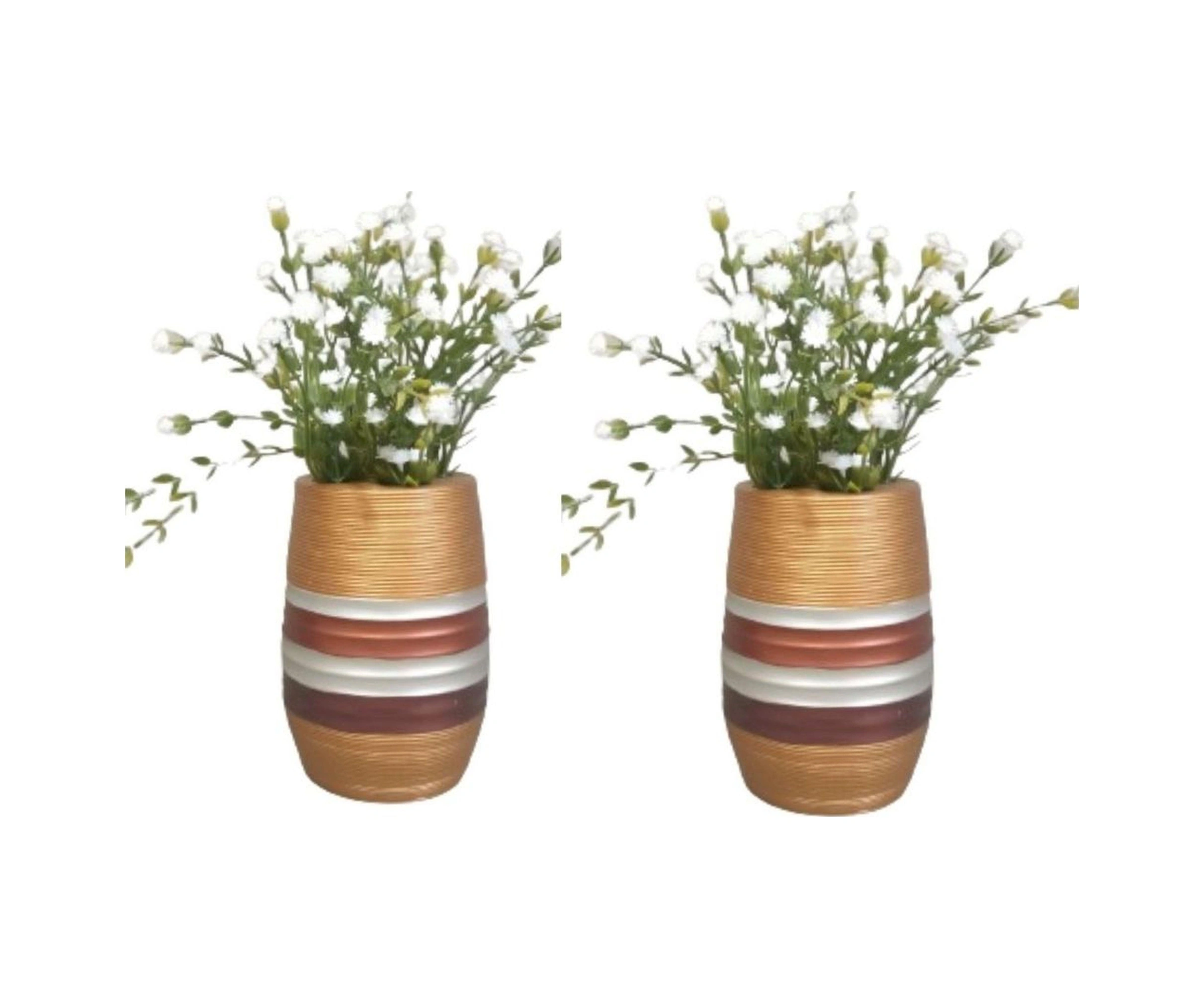 2 Adet Vazo Dahil,vazoda Çiçek,beyaz Yapay Çiçek,vazo Dekoratif Metalik Kahve Poliresin 6x6x17cm Çok Renkli