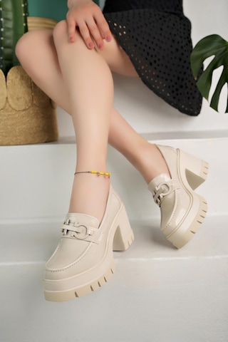 Muggo Valencia Garantili Kadın Kalın Topuklu Yuvarlak Burunlu Metal Tokalı Loafer Günlük Ayakkabı 001