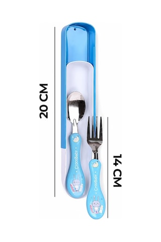 Çocuk Mama Kaşığı Çatal Seti Silikon Saplı Figürlü Metal Uçlu Bebek Yemek Seti Mavi