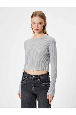 Koton Crop Triko Kazak Bisiklet Yaka Slim Fit Uzun Kollu Gri 5wal90019ht Gri