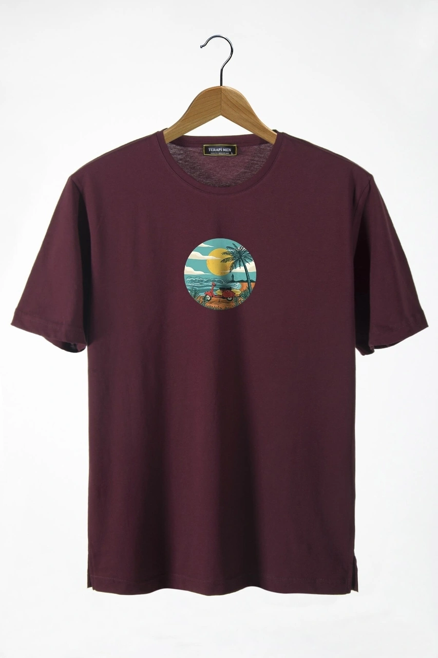 Veaven Unisex Bordo Bisiklet Yaka Önü Scooter Baskılı Oversize T-shirt Bordo
