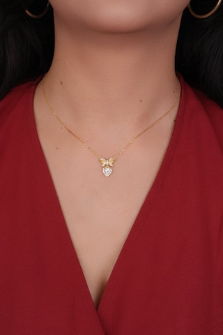 Encili Silver 925 Ayar Gümüş Taşlı Papyon Kalp Model Gold Renk Kadın Kolye Gold