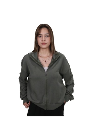 Kadın Modal Kumaş Dik Yaka Rahat Kalıp Haki Ceket Hırka Haki