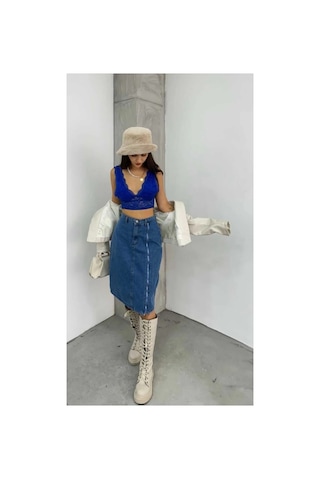Kene Jeans Yüksek Bel Mavi Ön Fermuar Detaylı Kot Etek Mavi