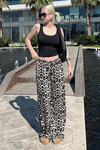 Madmext Krem Ayarlanabilir Bel Leopar Desenli Bol Paça Pantolon Mg2095-krem Krem
