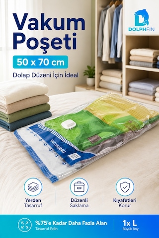 Vakumlu Poşet 50x70 Cm L Boy Yorgan Battaniye Hurç Giysi Saklama Torbası 1 Adet Şeffaf