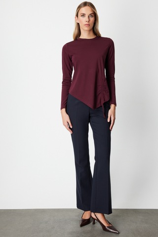 On Fashion On Asimetrik Kesim Yanı İpli Büzgülü Detaylı Sıfır Yaka Bluz Bordo