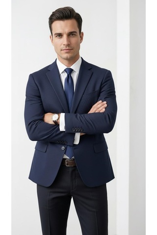 Plus Scorpion Ck 142 Slim Fit Mikro Desenli Erkek Ceket Yazlık Pike Kumaş Çift Yırtmaç Blazer Lacivert