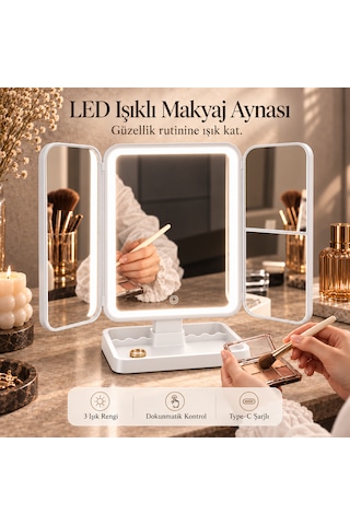 Tilbe Home Led Işıklı Makyaj Aynası Renkli Dokunmatik Büyüteçli Şarjlı Katlanabilir Masaüstü Stüdyo Ayna Beyaz