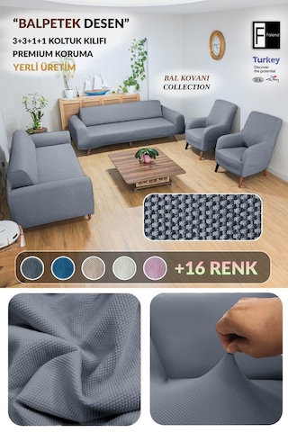 Balpeteği 3+3+1+1 Koyu-gri Lastikli Kanepe Örtüsü Lastikli Koltuk Örtüsü Koltuk Kılıfı Takımı Koyu-gri