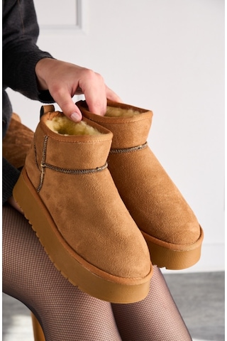 400U Kalın Taban Ultra Mini Süet Günlük Kadın Bot - Taba