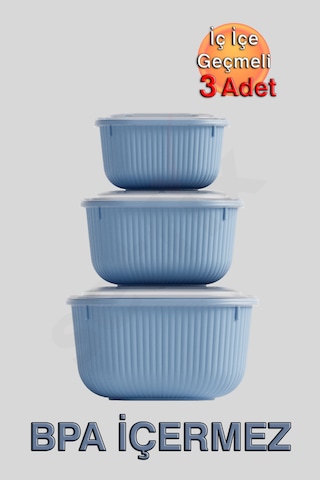 İç İçe Geçmeli Snaplid Kare Saklama Kabı 600 - 1100 - 1800 Ml Üçlü Set Mavi