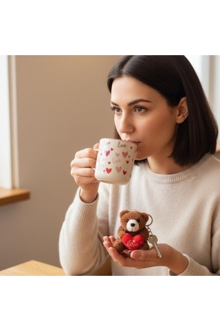 Ayıcık Peluş Anahtarlıklı Porselen Kupa Seti - 380 Ml Kutulu Hediye - 4 Farklı Modelden Biri Sürpriz/asorti - Sevimli Ayı Figürlü Bardak Ve Anahtarlık Açık Ahşap
