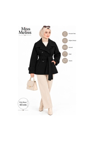 Miss Meliss Kruvaze Yaka Kemerli Spor Kaşe Siyah Siyah